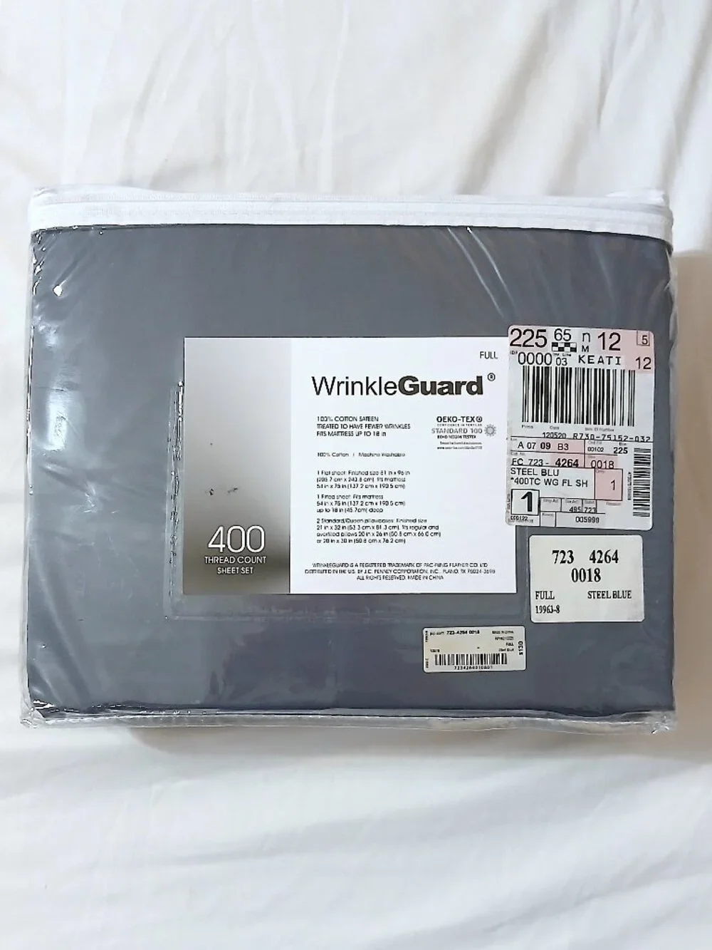 JCPenney WrinkleGuard 400TC Full Sheet Set Steel Blue 100% Cotton Sateen